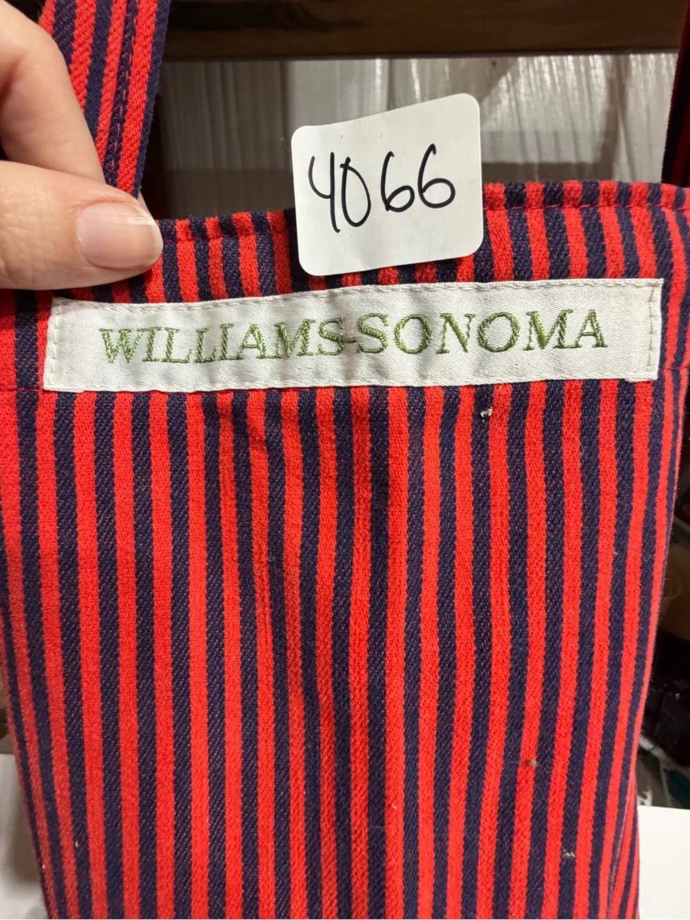 #4066-Williams Sonoma Red and Navy Striped Cotton Kitchen Apron